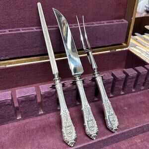Wallace RARE VINTAGE 1934 Rose Point Sterling Silver Handle 3-Piece Carving Set